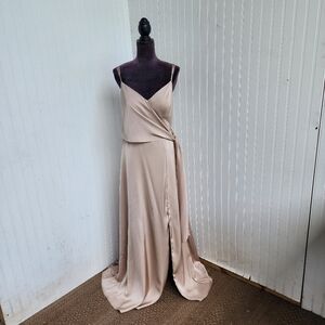 AW Bridal Satin Tank Straps Dress  Champagne Formal Front Slit Size 10